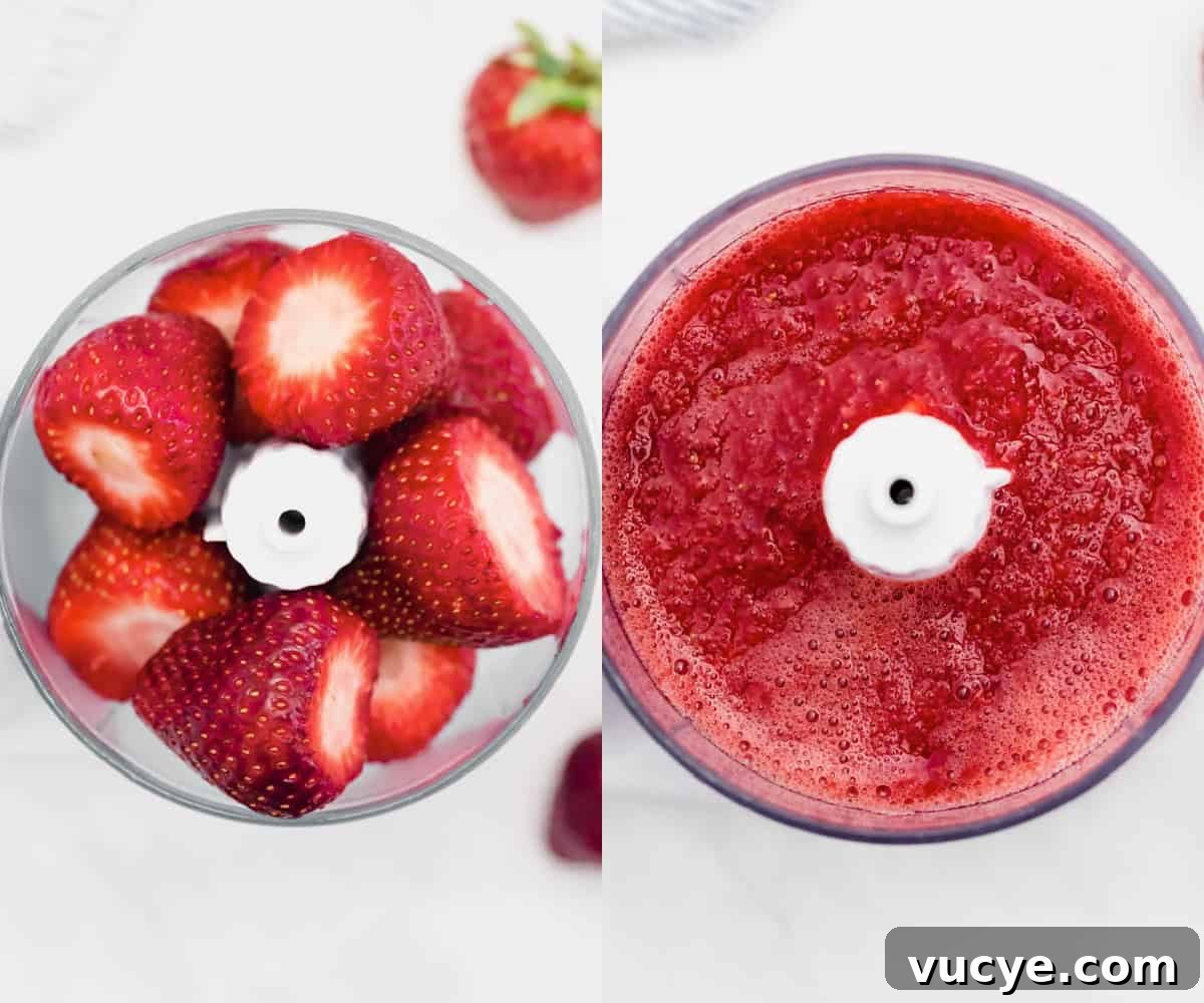 Creamy Strawberry Cheesecake Dip Recipe You’ll Love 3 Fresh strawberries in a food processor before and after blending into a liquid.