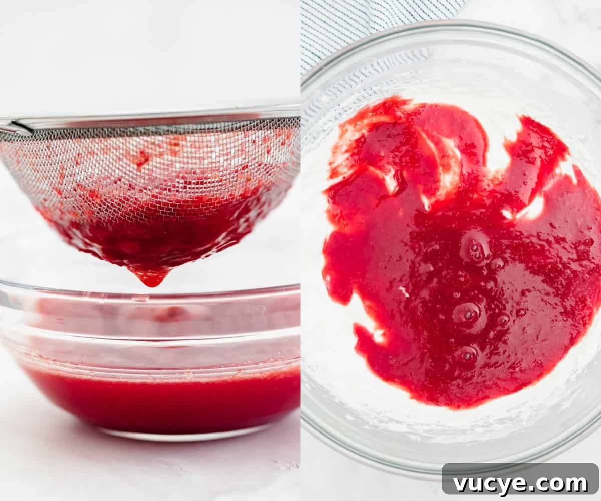 Creamy Strawberry Cheesecake Dip Recipe You’ll Love 4 A fine mesh sieve strains the liquid into a bowl before adding to the cheesecake mixture.