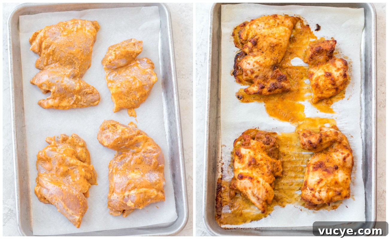 Baked buffalo chicken thighs on a baking sheet