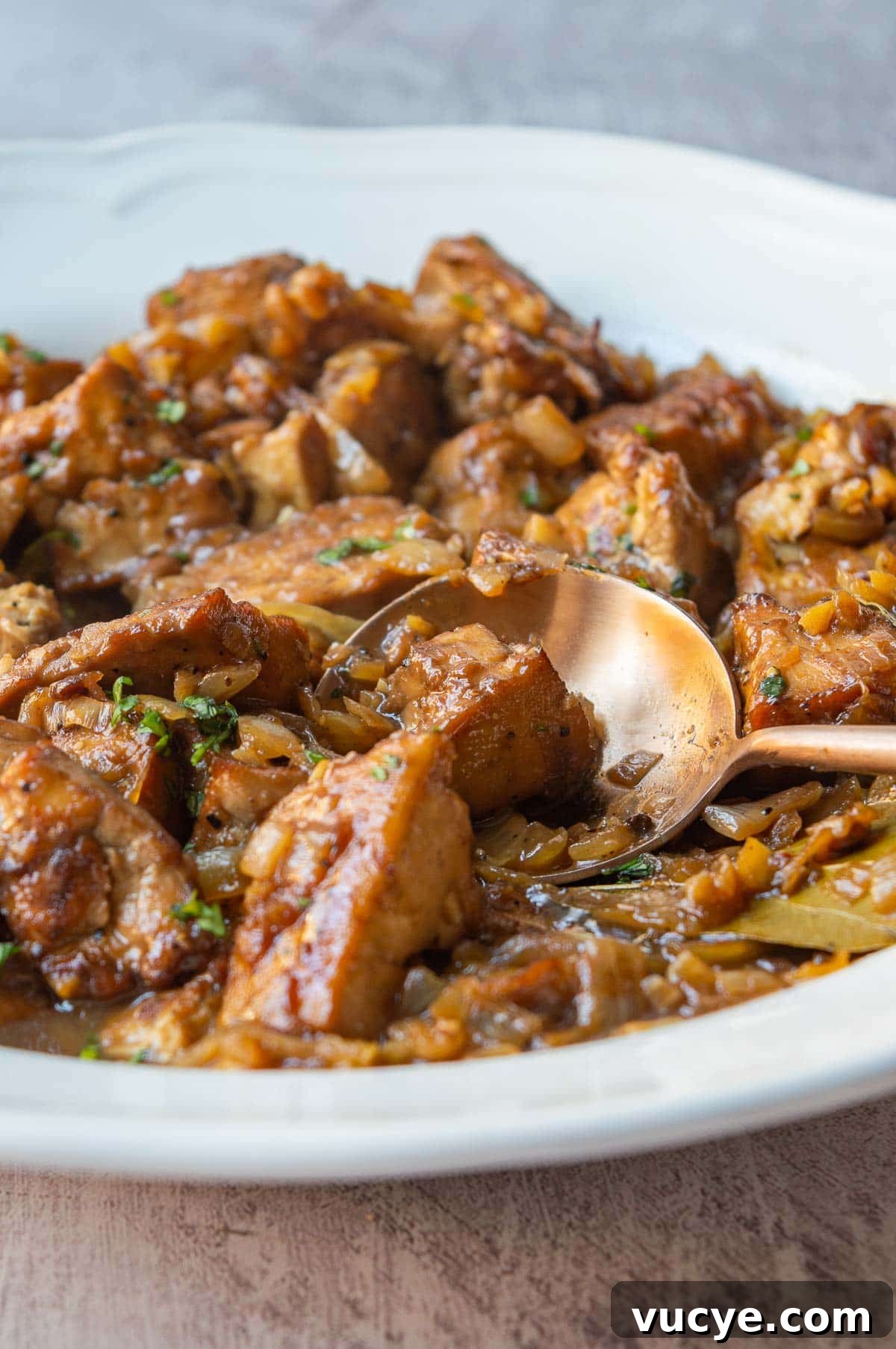 Vegan Tofu Adobo Recipe: Tangy Filipino-Style Comfort Food 4 Close-up of a copper-colored spoon picking a chunk of tofu out of a brown stew.