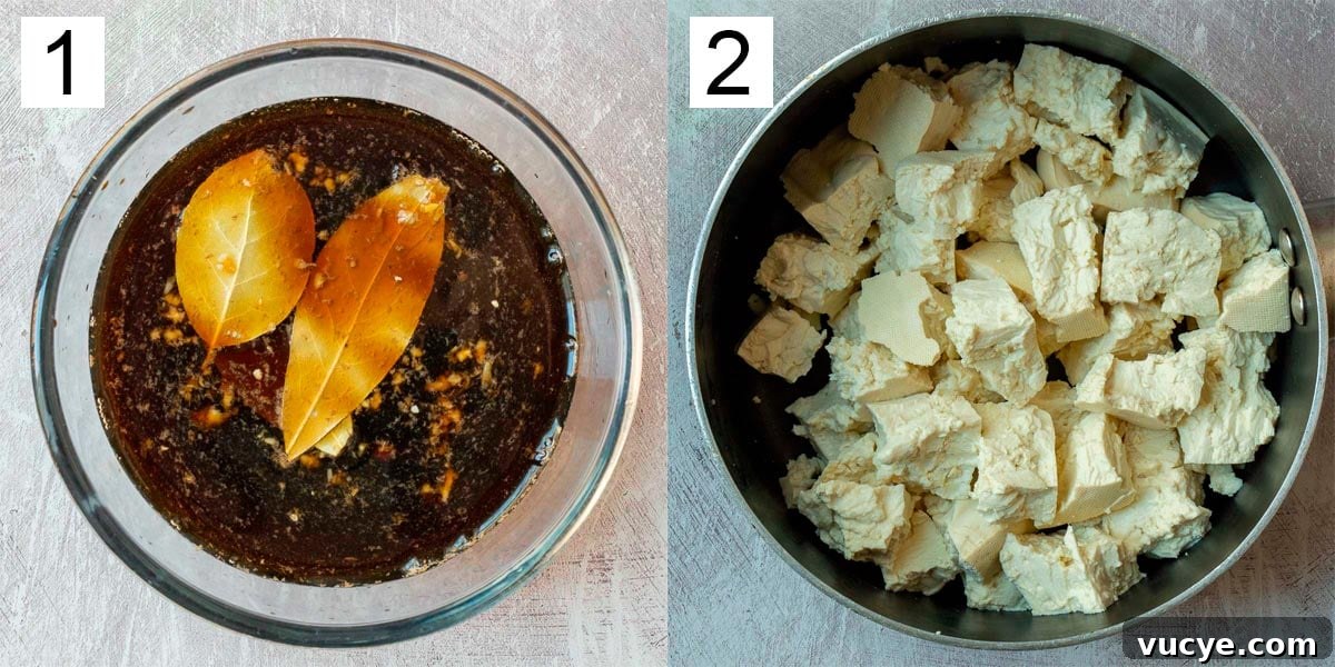 Vegan Tofu Adobo Recipe: Tangy Filipino-Style Comfort Food 5 The left image labeled one shows brown liquid with bay leaves, and the right image shows plain chunks of tofu in a pan.