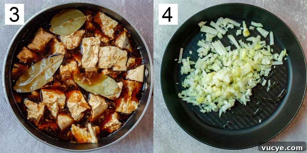 Vegan Tofu Adobo Recipe: Tangy Filipino-Style Comfort Food 6 The left image labeled 3 shows chunks of tofu in a pot with bay leaves and brown liquid, right image labeled 4 is raw onion in a skillet.