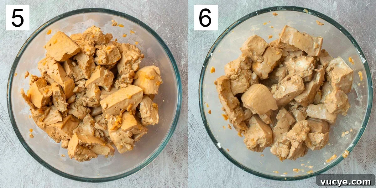 Vegan Tofu Adobo Recipe: Tangy Filipino-Style Comfort Food 7 Left image labelled five shows light brown chunks of tofu in a bowl, and right image labelled 6 with added cornflour.