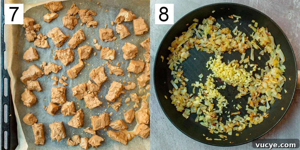 Vegan Tofu Adobo Recipe: Tangy Filipino-Style Comfort Food 8 Left image labeled seven shows light brown chunks of tofu on baking parchment, right image labeled eight shows cooked onions with raw garlic in a skillet.