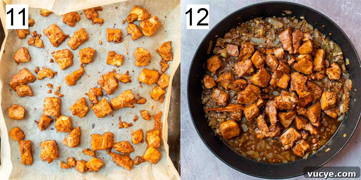 Vegan Tofu Adobo Recipe: Tangy Filipino-Style Comfort Food 9 Left image labeled 11 shows chunks of baked browned tofu on a baking sheet, right image labeled 12 shows the tofu in a thick brown sauce.