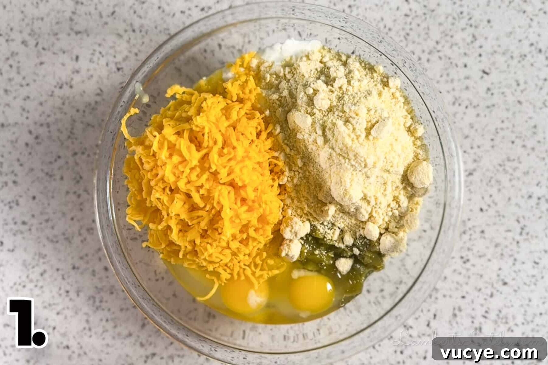 ingredients for corn casserole in a bowl before mixing.