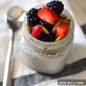 Creamy Vanilla Chia Pudding Recipe for Breakfast or Dessert 5 Chia seed pudding in a mason jar topped with seeds and strawberries next to a silver spoon