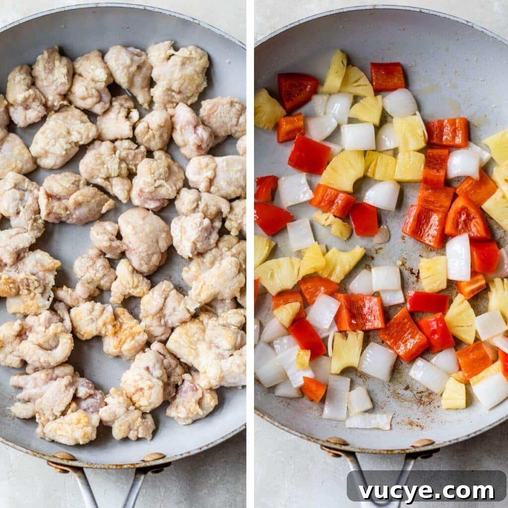 Low-Calorie Sweet and Sour Chicken Recipe for Weeknight Meals 5 2 images: the right image shows peppers and onions sautéing while the left image shows chicken pieces cooking