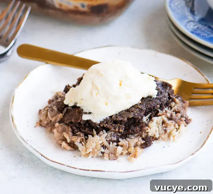 German Chocolate Dump Cake Recipe: Quick Gooey Chocolate Coconut Cake 2 A serving of German chocolate dump cake topped with a scoop of vanilla ice cream on a white plate with a gold fork.