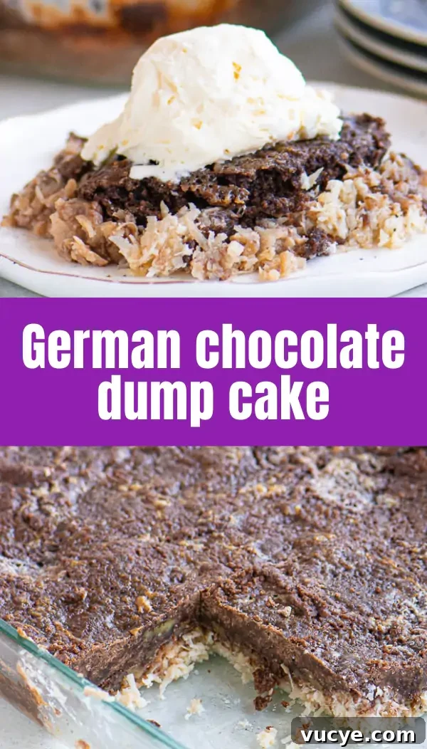 German Chocolate Dump Cake Recipe: Quick Gooey Chocolate Coconut Cake 3 pinterest image of German chocolate upside -down cake with text overlay