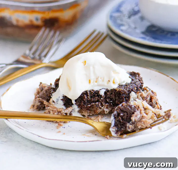 German Chocolate Dump Cake Recipe: Quick Gooey Chocolate Coconut Cake 6 Close-up of a warm chocolate-coconut dump cake with vanilla ice cream melting on top, served on a white plate with gold flatware.
