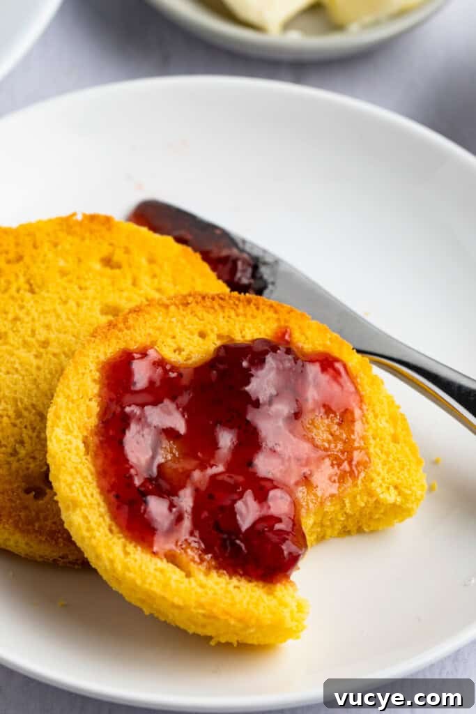 Keto English muffin with red jelly spread on top, with a bite taken out of the muffin.