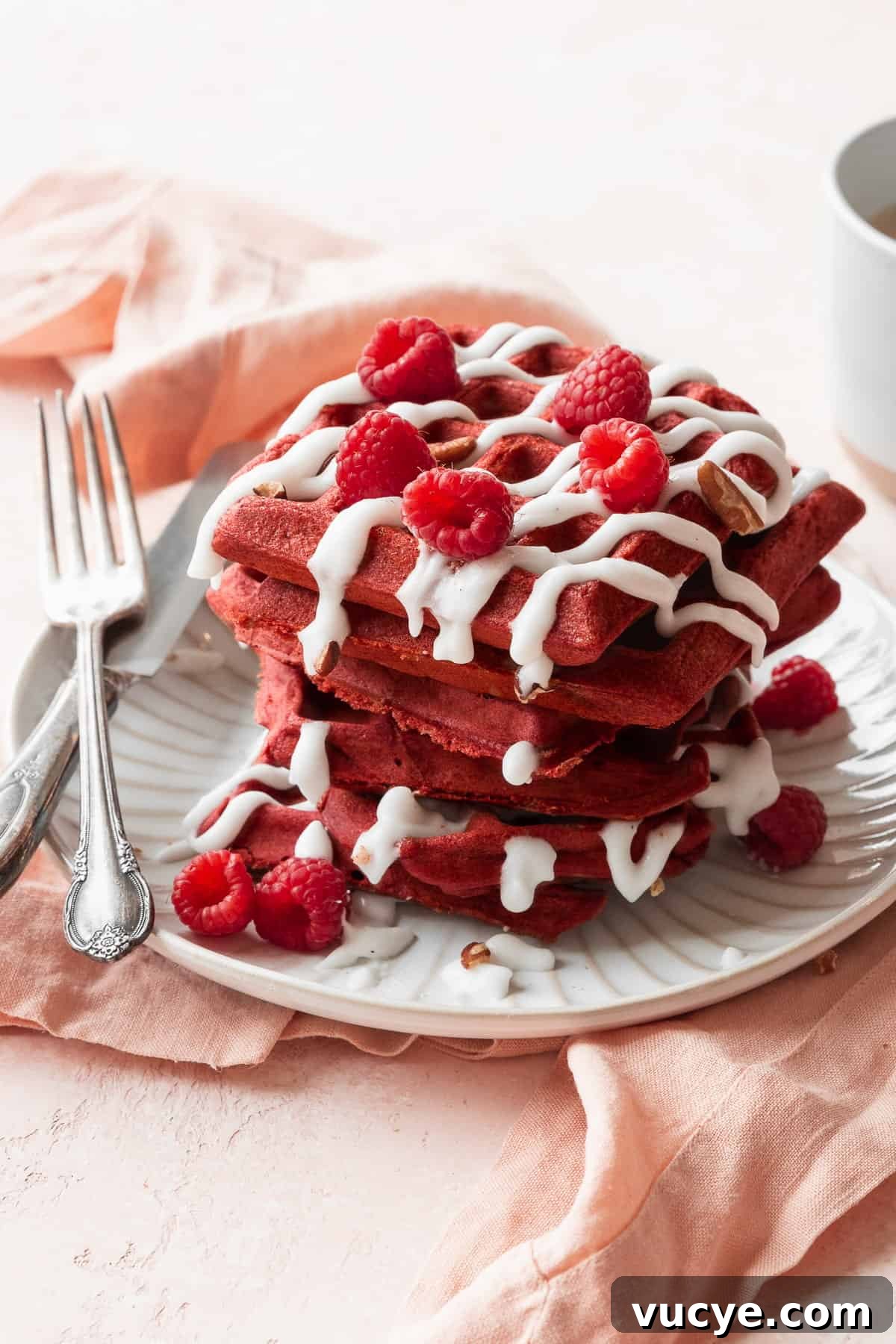 Red Velvet Waffles Recipe: fluffy, rich, and irresistible 11 A side shot of a stack of red velvet waffles with cream cheese glaze and raspberries.