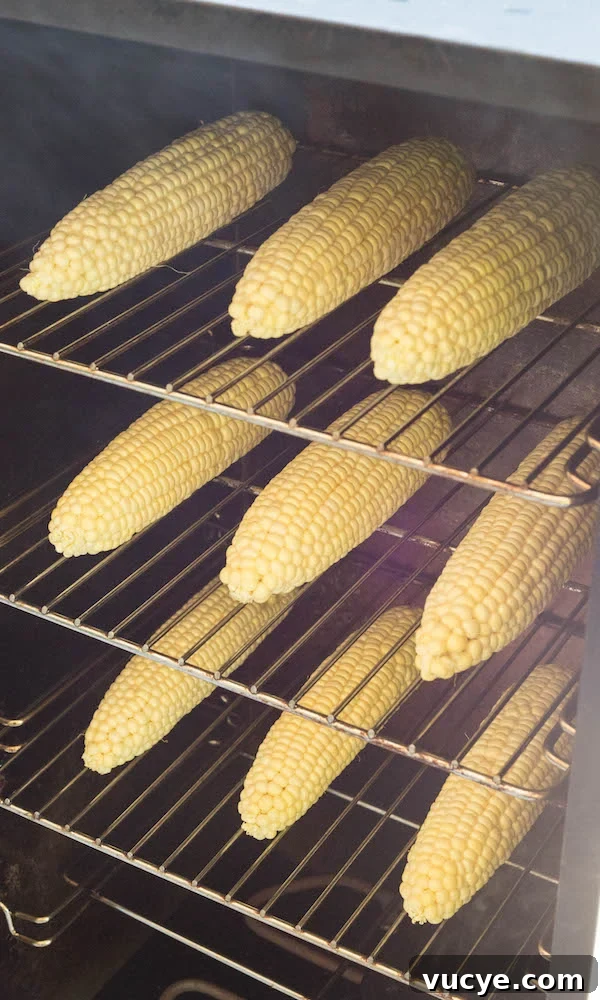 Smoked Corn on the Cob: Juicy Grilled Corn with Smoky Flavor 2 Three racks of corn inside a smoker