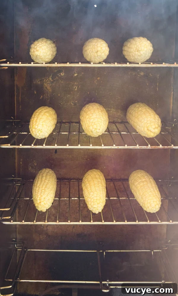 Smoked Corn on the Cob: Juicy Grilled Corn with Smoky Flavor 3 Head-on view of three racks of corn on the cob being cooked in a smoker