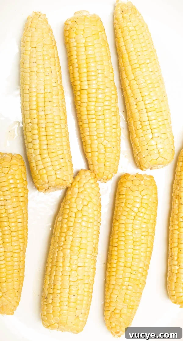 Smoked Corn on the Cob: Juicy Grilled Corn with Smoky Flavor 4 Overhead shot of seven smoked corn on the cobs on a white background