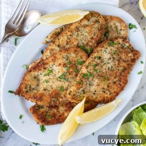 browned chicken cutlets on white plate with lemon wedges viewed from above.