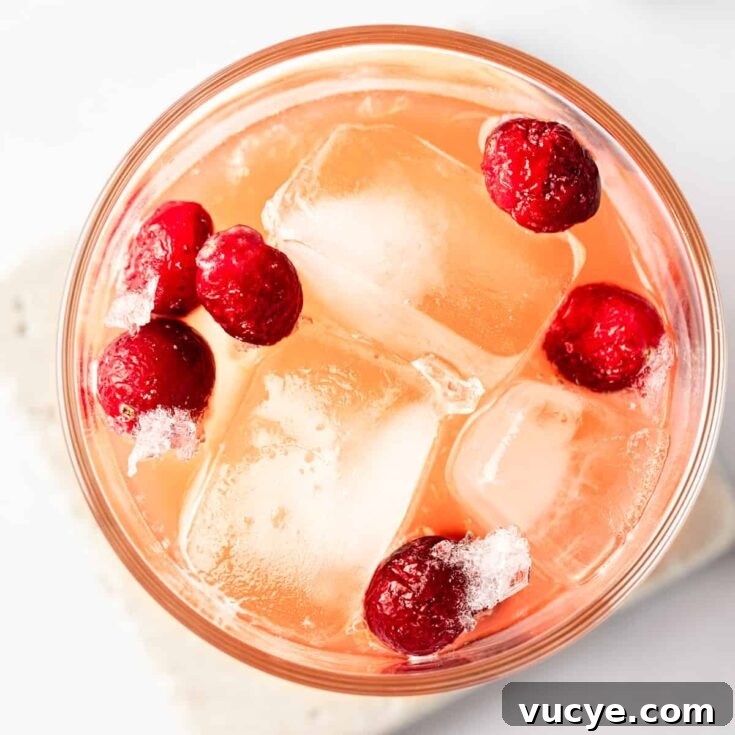Overhead view of a cranberry rum cocktail garnished with cranberries.