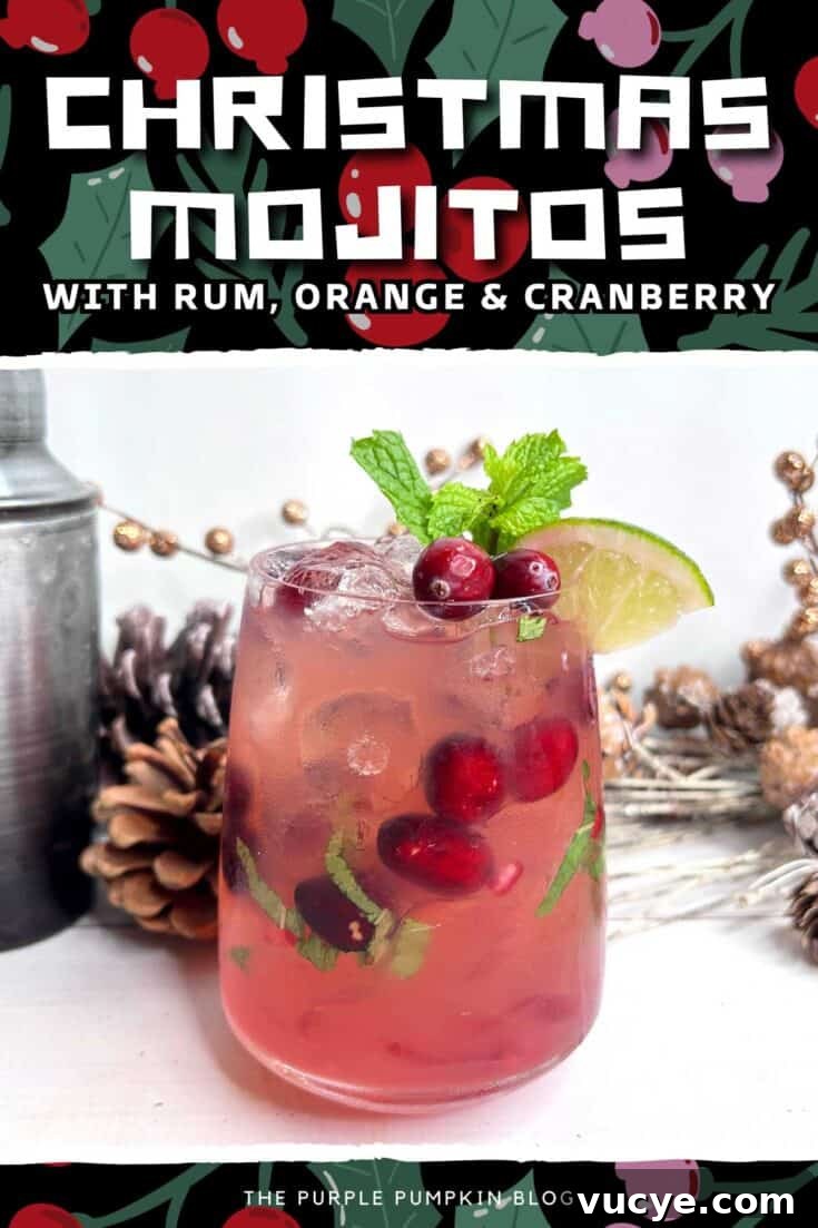 A Christmas mojito garnished with mint and cranberries.