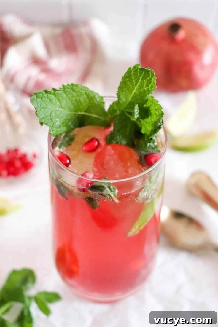 A Christmas pomegranate mojito garnished with fresh mint and pomegranate seeds.