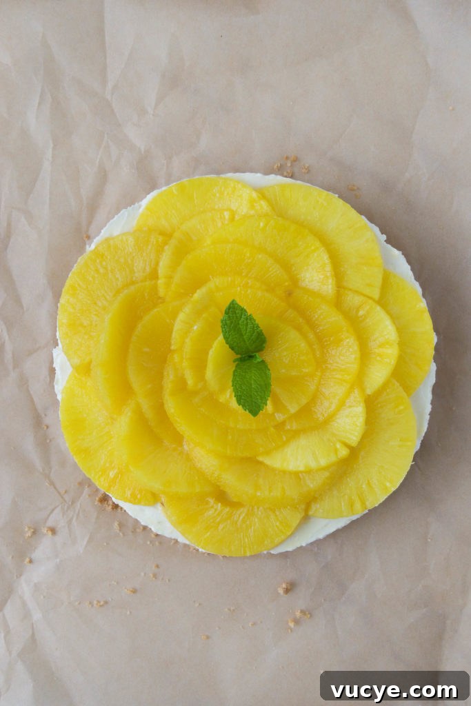 No-Bake Pineapple Cheesecake Recipe: Creamy Tropical Dessert 12 A no bake pineapple cheesecake with mint leaves.