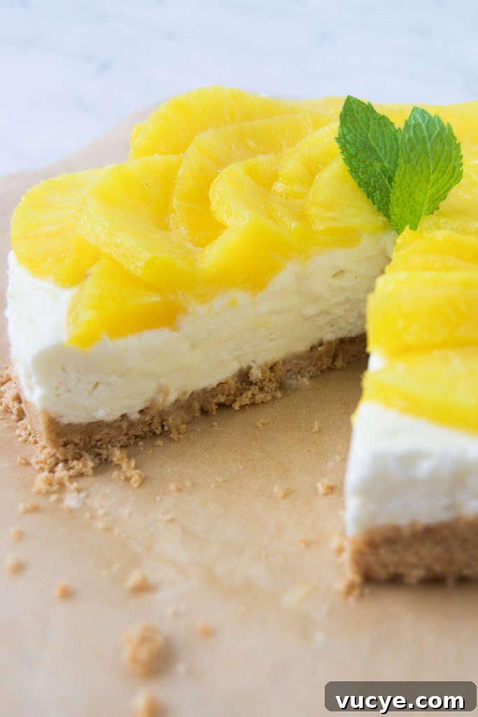 No-Bake Pineapple Cheesecake Recipe: Creamy Tropical Dessert 13 A no bake pineapple cheesecake missing a slice.