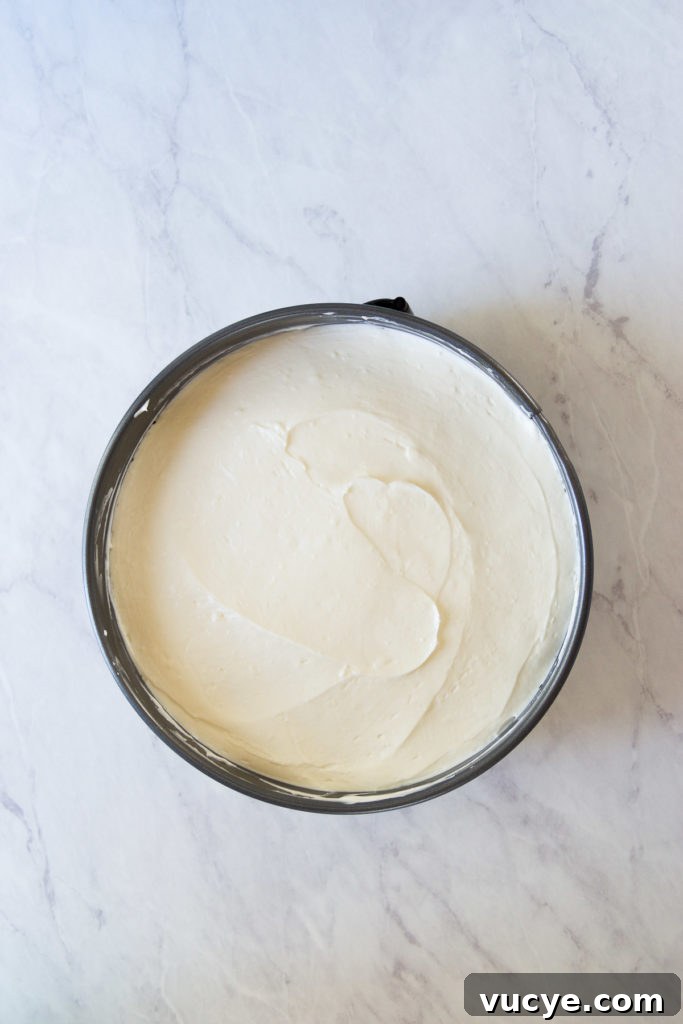 No-Bake Pineapple Cheesecake Recipe: Creamy Tropical Dessert 9 No bake pineapple cheesecake filling in a springform pan.