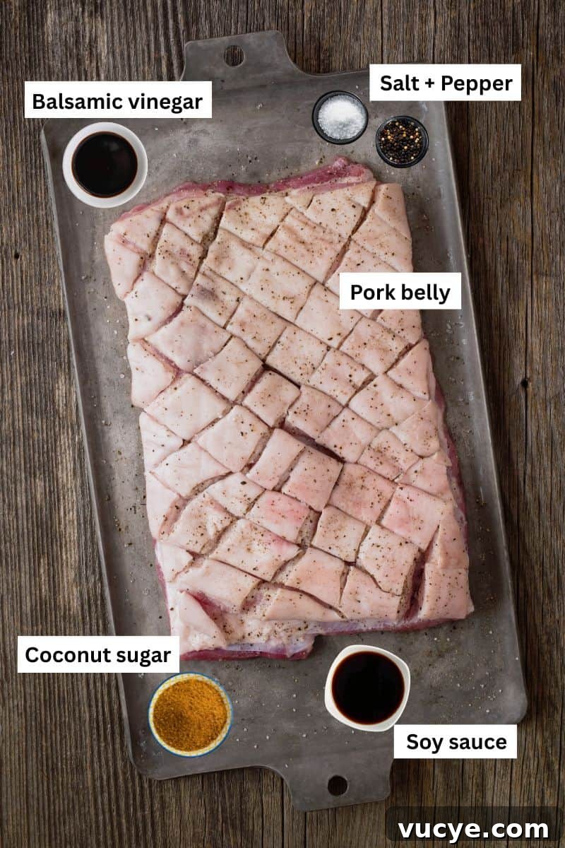 Crispy Air Fryer Pork Belly Bites — Quick Savory Recipe 3 Ingredients in bowls including soy sauce, salt, pepper, balsamic vinegar and coconut sugar next to a slab of uncooked pork belly.