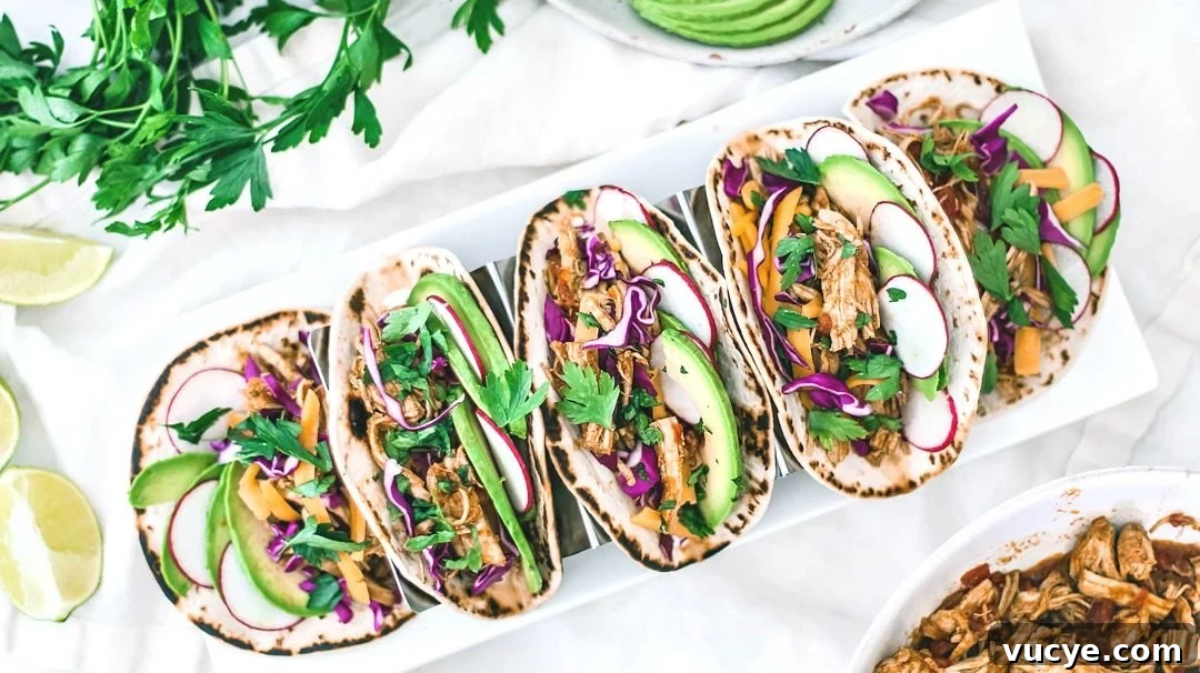 Instant Pot Chipotle Chicken Tacos | Killing Thyme Instant Pot Chipotle Chicken Tacos lined up on a plate