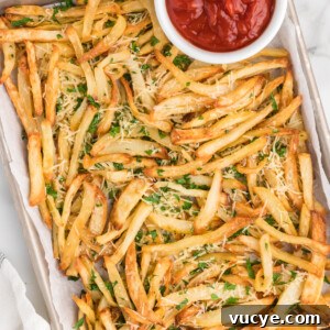 Crispy Air Fryer Truffle Fries Recipe 7 Overhead shot of truffle fries on a serving platter with a side of ketchup in a bowl.