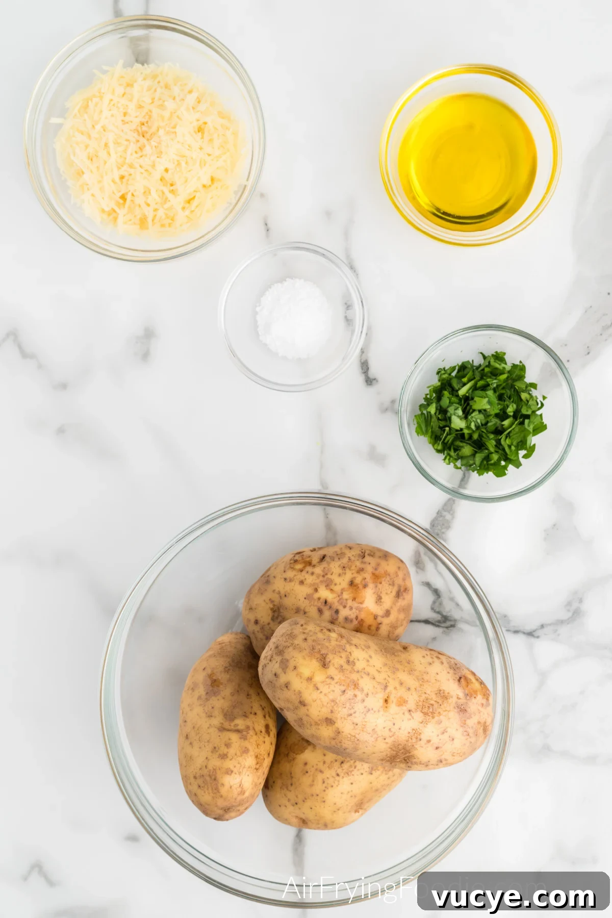 Crispy Air Fryer Truffle Fries Recipe 3 potatoes, parsley, oil, salt, and cheese for truffle fries.