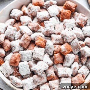 Crunchy Peanut Butter Muddy Buddies Recipe 9 Close-up shot of puppy chow in a white bowl, to show the texture. Some pieces are fully coated in powdered sugar, while others are not.