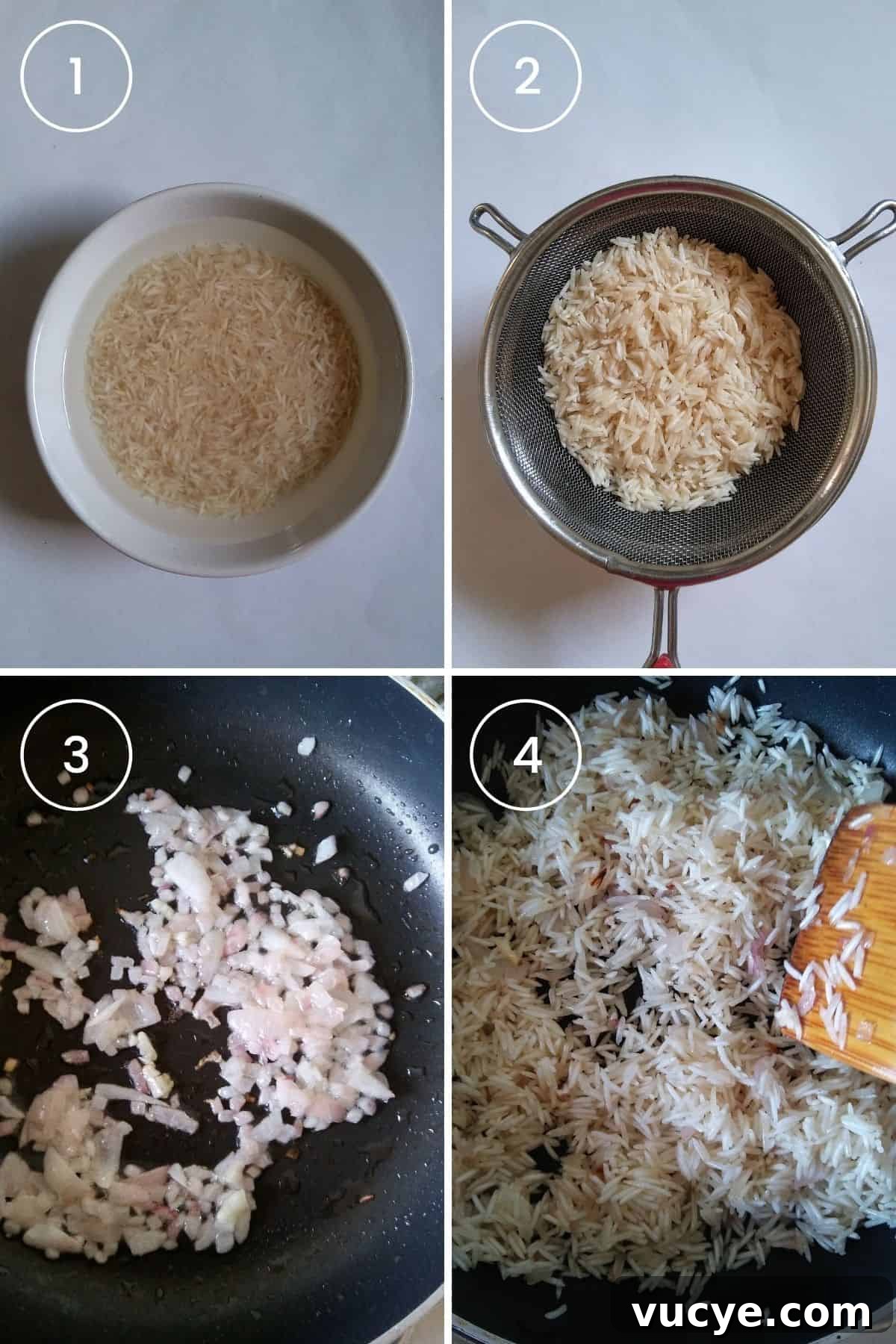 4 part image showing the rice being soaked, drained, onion-garlic sautéed, and drained rice sautéed.