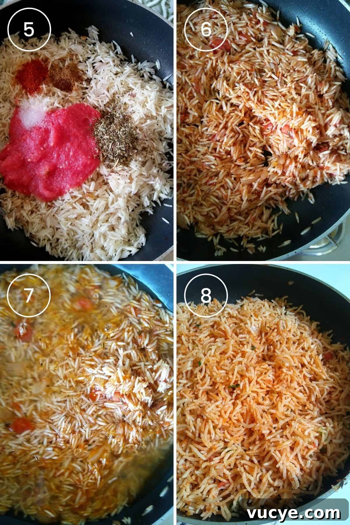 4 part image showing the rice being sautéed with tomatoes and seasoning spices, then cooked with stock until fluffy.