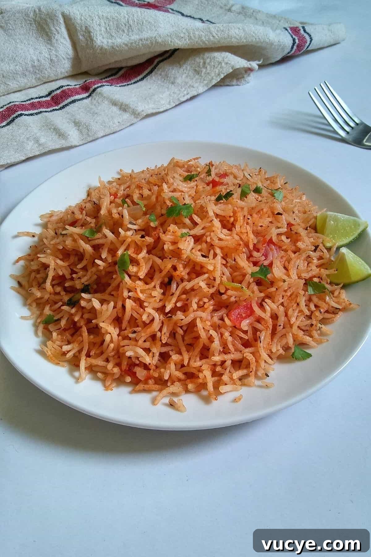 Image showing vibrant tomato flavored rice is served on a white plate.