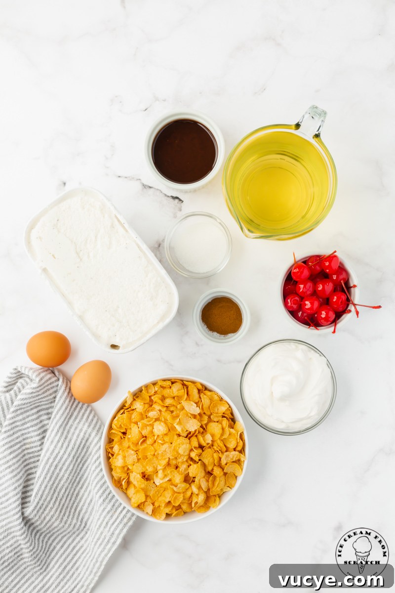Homemade Fried Ice Cream Recipe: Crispy Shell & Creamy Center 3 Ingredients for making fried ice cream, measured and laid out on a marble counterop