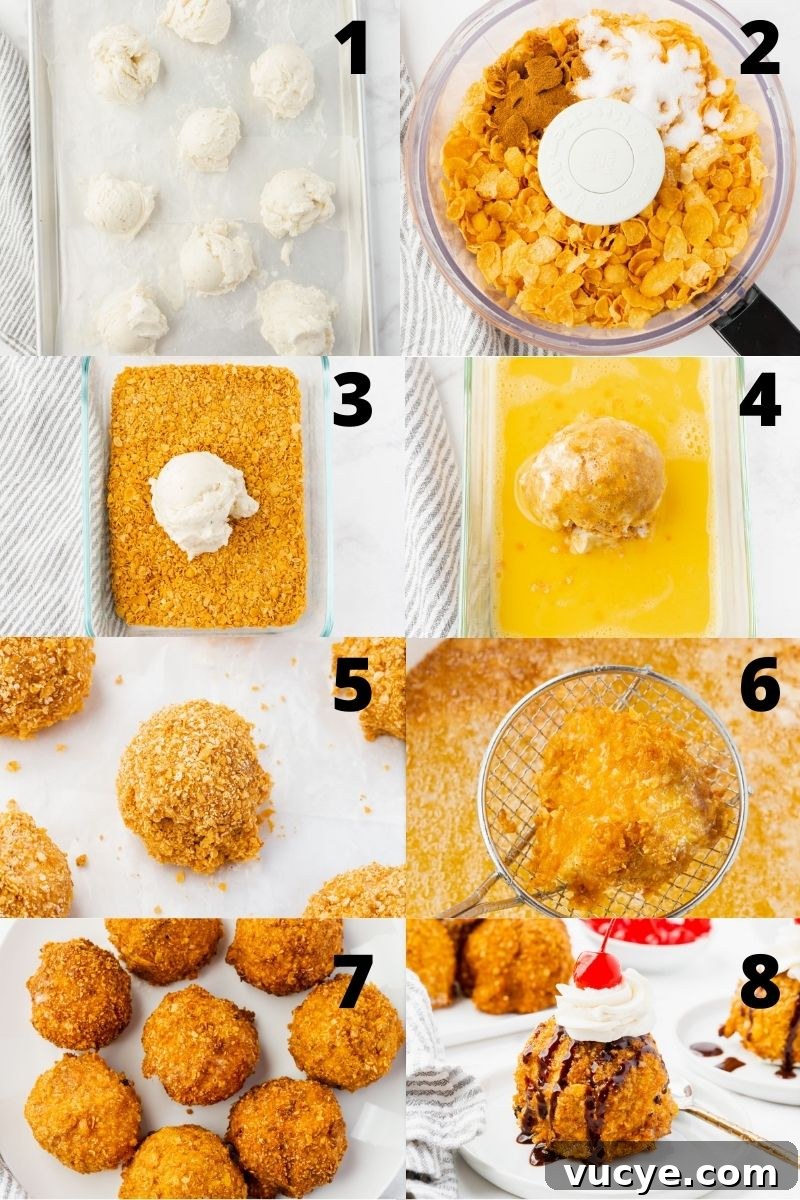 Homemade Fried Ice Cream Recipe: Crispy Shell & Creamy Center 4 a photo collage showing 8 of the steps needed to make fried ice cream at home
