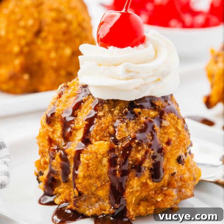 A single scoop of fried ice cream topped with chocolate syrup, whipped cream, and a marachino cherry
