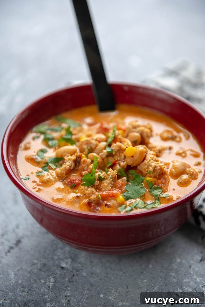 Instant Pot Buffalo Chicken Chili Recipe for Quick Spicy Comfort 2 buffalo chicken in a red bowl with a black spoon