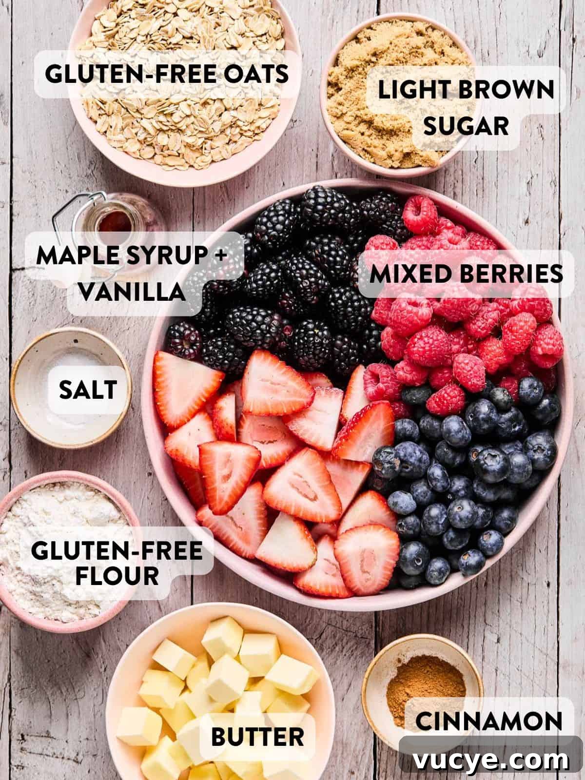 Naturally Sweetened Gluten-Free Berry Crisp Recipe 5 ingredients for gluten free berry crisp separated out in bowls on a counter