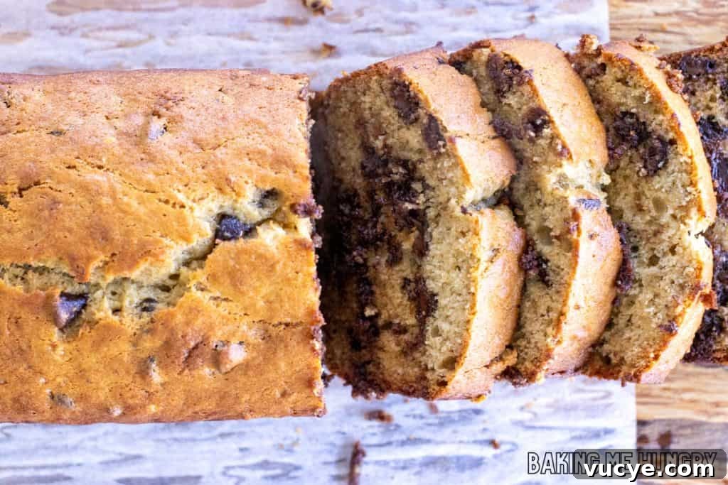 brown butter chocolate chip banana bread cut into slices