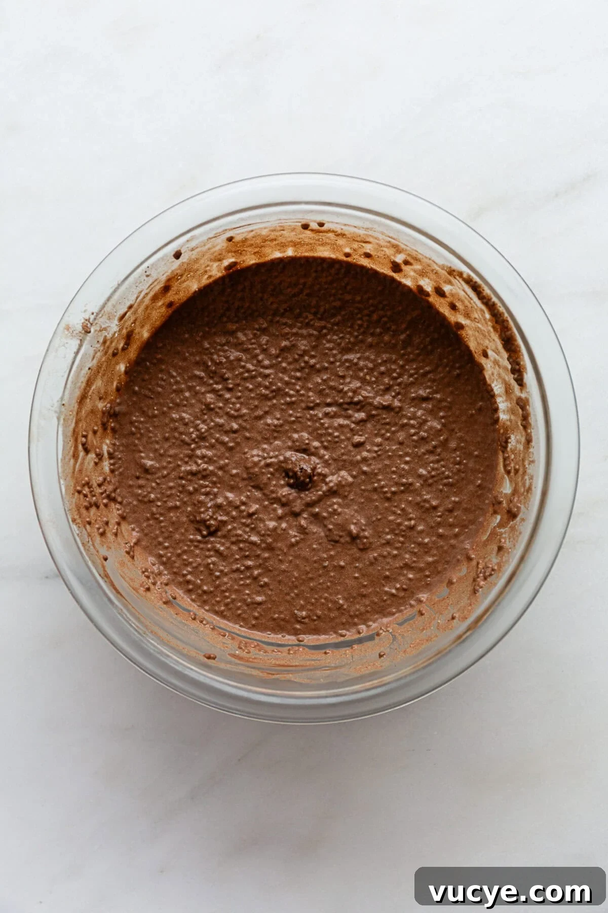 Snickers-Inspired Chia Pudding Recipe: Chocolate Peanut Butter Parfait 7 snickers chia pudding in a clear mixing bowl.