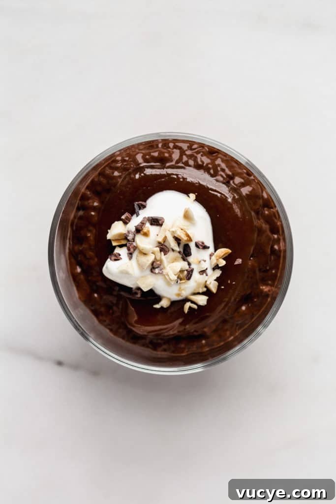 Snickers-Inspired Chia Pudding Recipe: Chocolate Peanut Butter Parfait 9 a top down view of chocolate chia pudding in a cup topped with yogurt