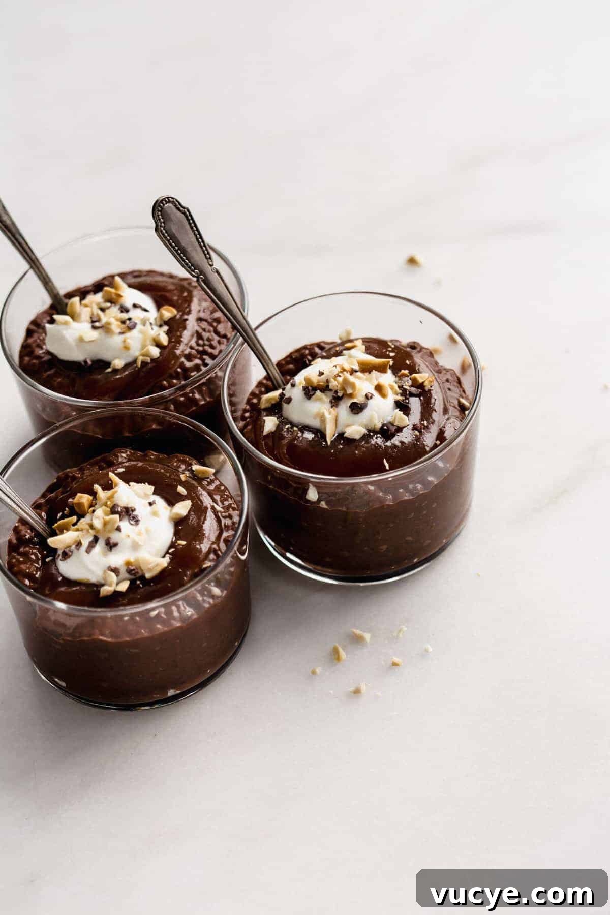 Snickers-Inspired Chia Pudding Recipe: Chocolate Peanut Butter Parfait 10 three cups of snickers chia pudding topped with yogurt, peanuts and cocoa nibs.