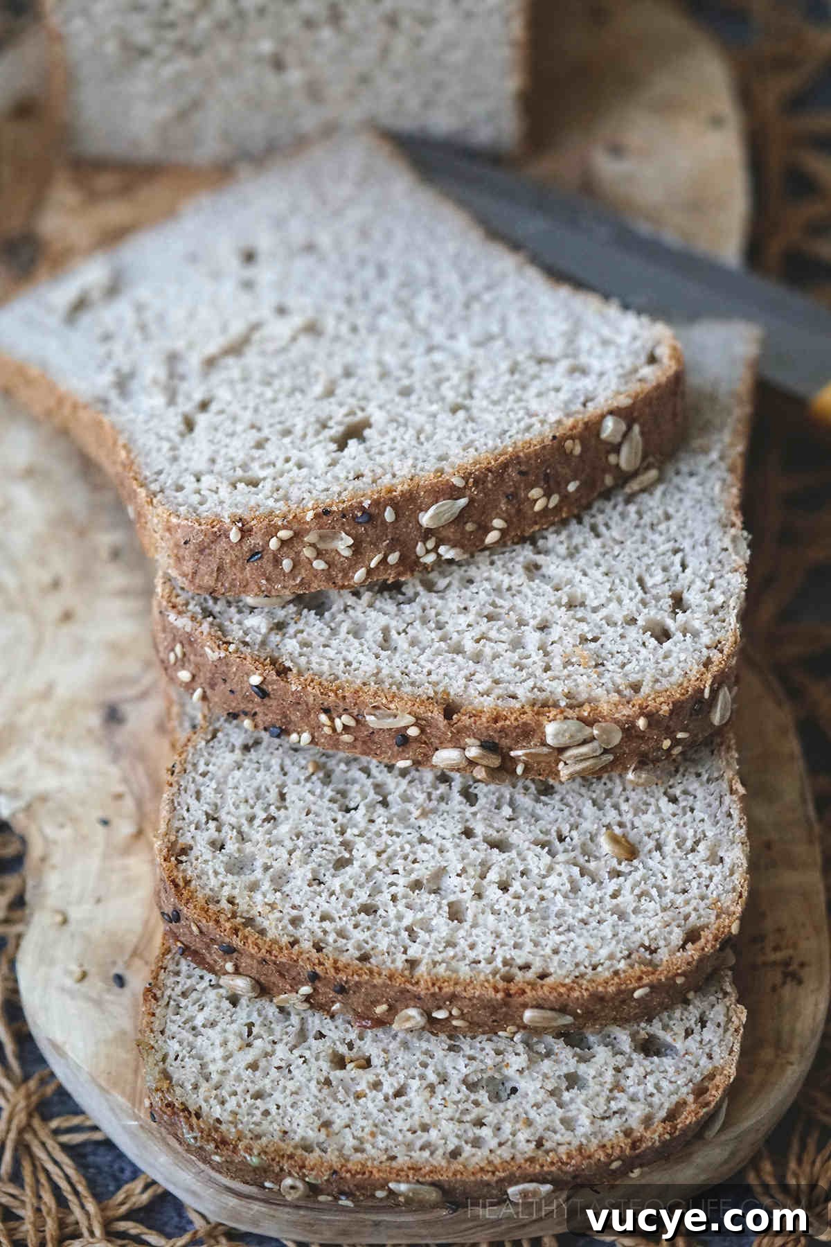 Soft Gluten-Free, Dairy-Free Buckwheat Bread Recipe 3 Sliced buckwheat bread showing the perfect structure inside (not gommy and not dry).