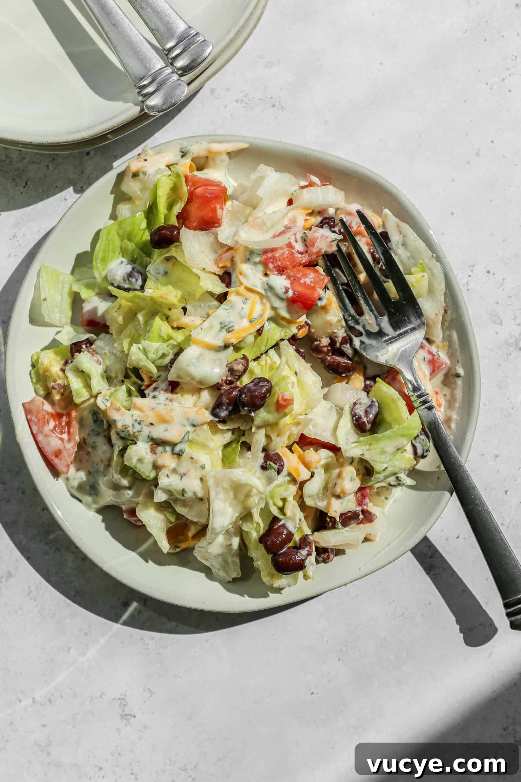 a white plate of chopped wedge layer salad.