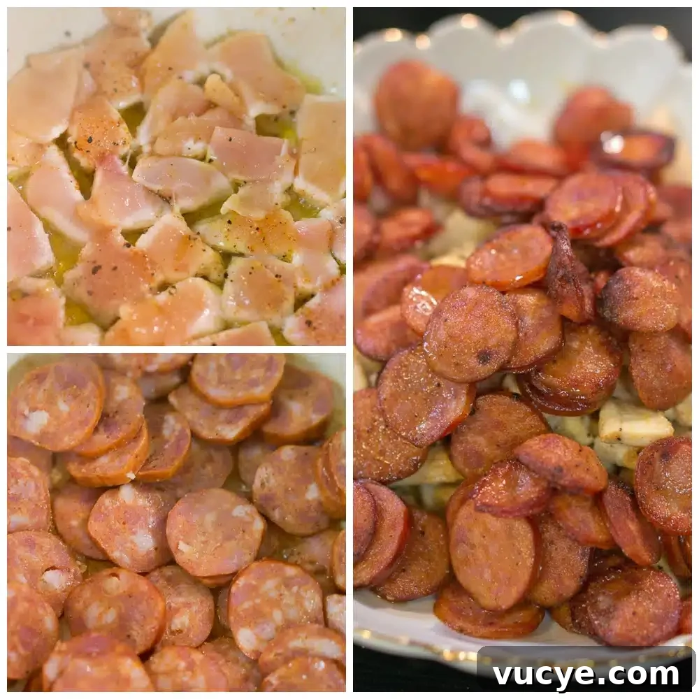The browned chicken and sausage