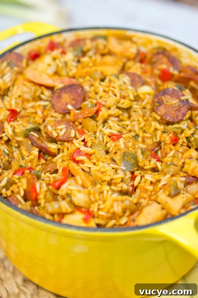 The cooked jambalaya in a dutch oven