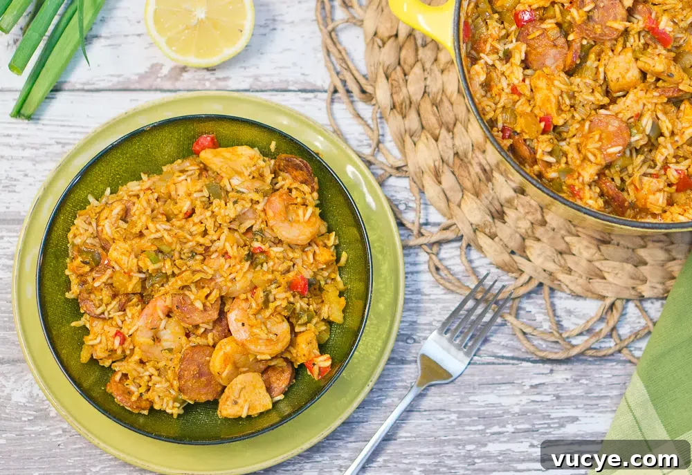 A bowl of jambalaya next to a dutch oven