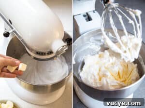 Adding butter to meringue base to make buttercream.